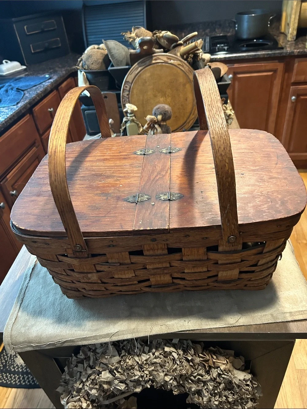 Woven Wood Picnic Basket with Hinged Wooden Lid - Brown